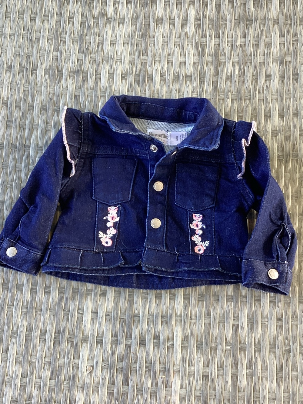 Nanette Lepore Jean Navy Denim Jacket with Pink Floral Embroidery  0-3 Months